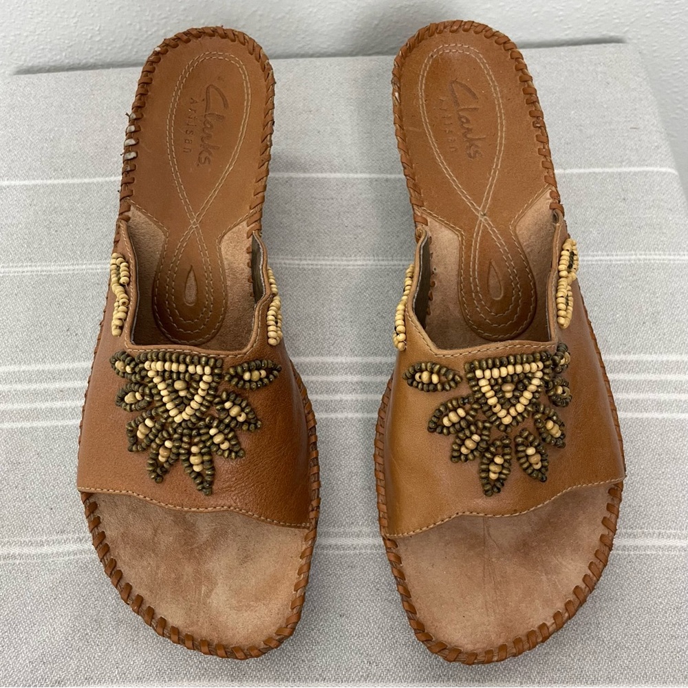 Clarks Artisan Empress Beaded Leather Wedge Sandals | Tan | Size 8 - Picture 4 of 12